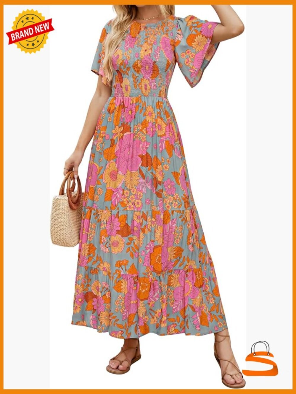 Boho Floral Maxi Dress - Short Flutter Sleeve Smocked Tiered Flowy - Picture 1 of 7